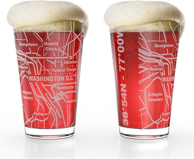 Greenline Goods – Washington, DC Map Pint Beer Glasses (Set of 2), 16 oz – Etched Wrap Design
