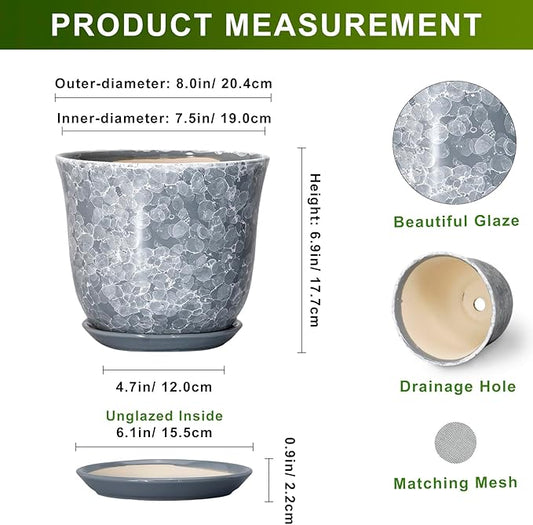 Ceramic Plant Pots - 8 Inch Plant Pot with Drainage Hole and Saucer, Round Planter for Indoor Outdoor, Modern Flower Pots, Decorative Planters, Home Room Office Decor, Gardening Gifts, Grey