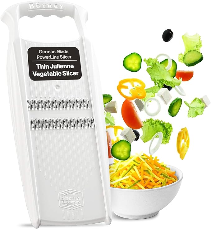 Swissmar Börner PowerLine Thin Julienne Vegetable Slicer – Precision Mandoline Slicer for Potatoes, Zucchini, & Hard Fruits - Perfect for Vegetable Salad – Essential Kitchen Gadgets - White