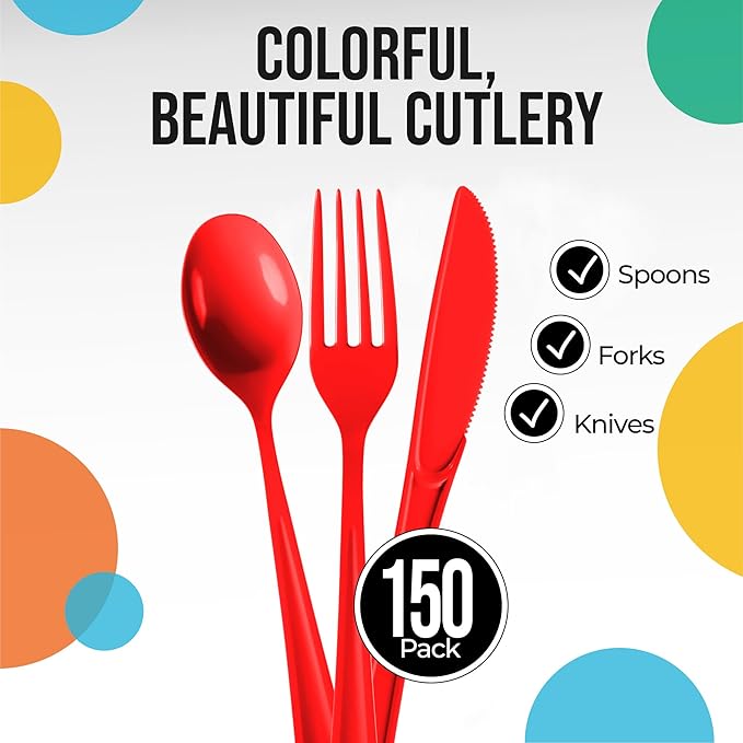Party Solids Red Plastic Silverware Heavy Duty 150 Pieces Red Disposable Silverware Heavy Duty, Utensil Sets, 50 Of Each Forks, Knives & Spoons Disposable Cutlery Set For Party Supplies