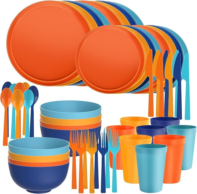40 Piece RV & Camping Dinnerware Set, Elegant Ceramic-Look Large Bowls & Plates, Unbreakable & 100% Microwave Safe, Melamine Alternative Service for 8, Fiesta