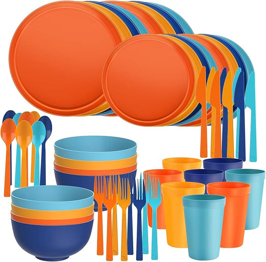 40 Piece RV & Camping Dinnerware Set, Elegant Ceramic-Look Large Bowls & Plates, Unbreakable & 100% Microwave Safe, Melamine Alternative Service for 8, Fiesta
