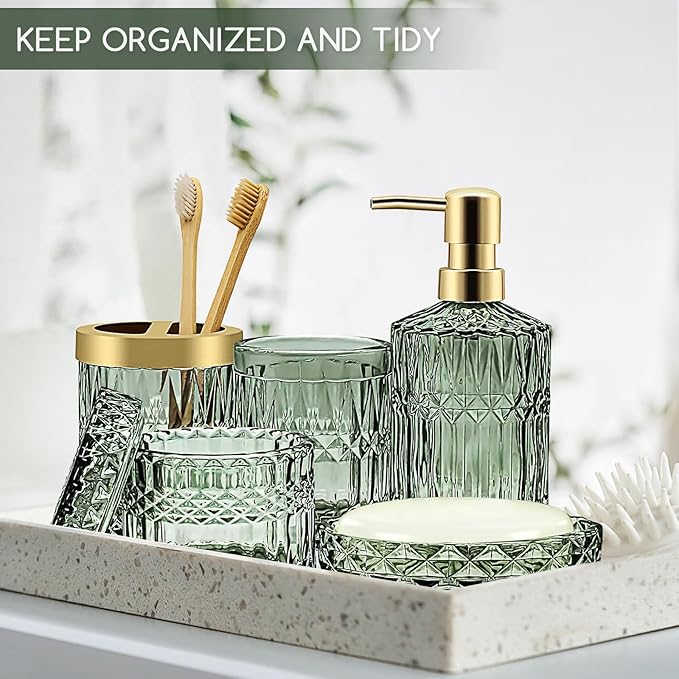 Green Bathroom Accessories Set, 5 Pcs Vintage Diamond Clear Glass Bathroom Set Include Lotion Soap Dispenser, Soap Dish, Toothbrush Holder, Tumbler, Cotton Swab Jar for Modern Bath Countertop Decor