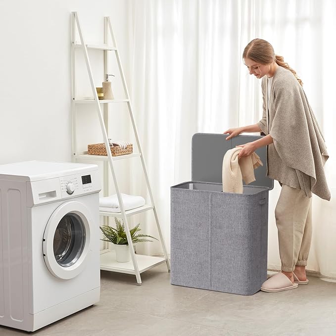 Lifewit Double Laundry Hamper with Lid and Removable Laundry Bags, Large Collapsible 2 Dividers Dirty Clothes Basket with Handles for Bedroom, Laundry Room, Closet, Bathroom, College, 145L Light Gray