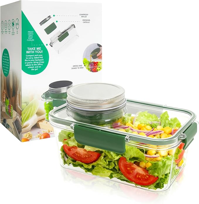 Upgrade Salad Container with Dressing Cup & Fork - Leakproof Airtight Salad Pod, BPA-Free & Dishwasher Safe, 8.27×5.5×4.33in Compact Meal Prep Container for Office/Picnic (Green)