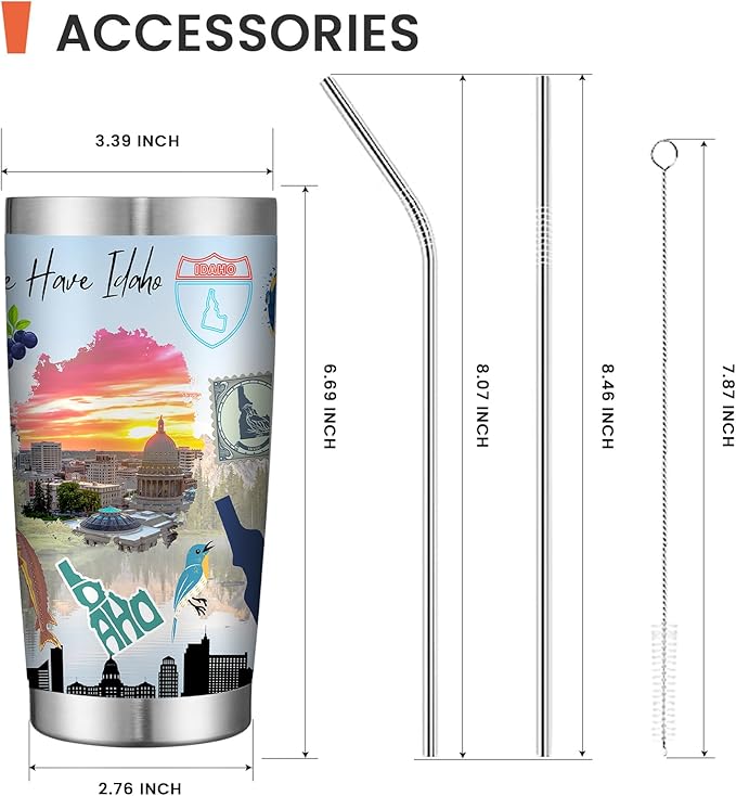 20oz Insulated Tumbler Idaho State Coffee Mug, United States Map Travel Mug Landmark, Birthday Gifts Cute Custom Tumbler Cups with Lid and Straw Mothers Day Gifts