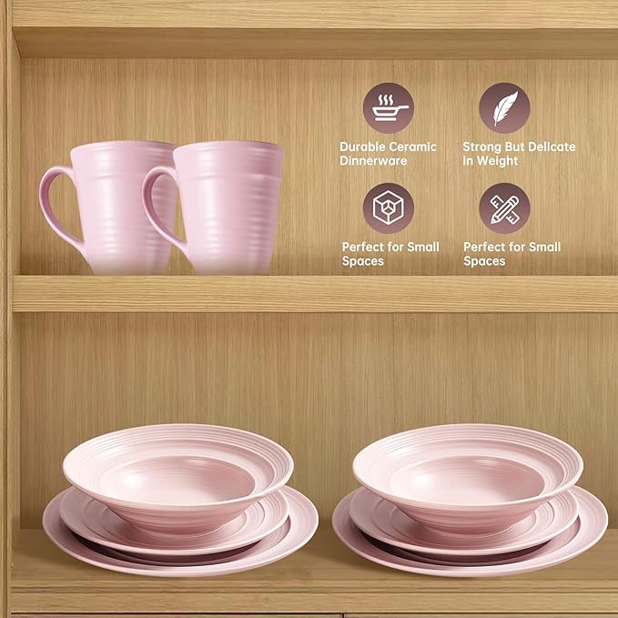 Modern Ceramic Dinnerware Set, 4-Piece, Mug, Bowl and Dinner Plates (Mauve)