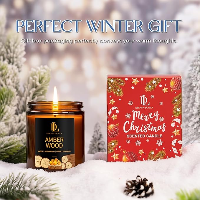 Winter Candle Amber Wood Scented, Natural Soy Candles for Home Scented, 7oz Holiday Candle with 50hr Burn Time, Aromatherapy Candles Winter Holiday Gifts for Women Men