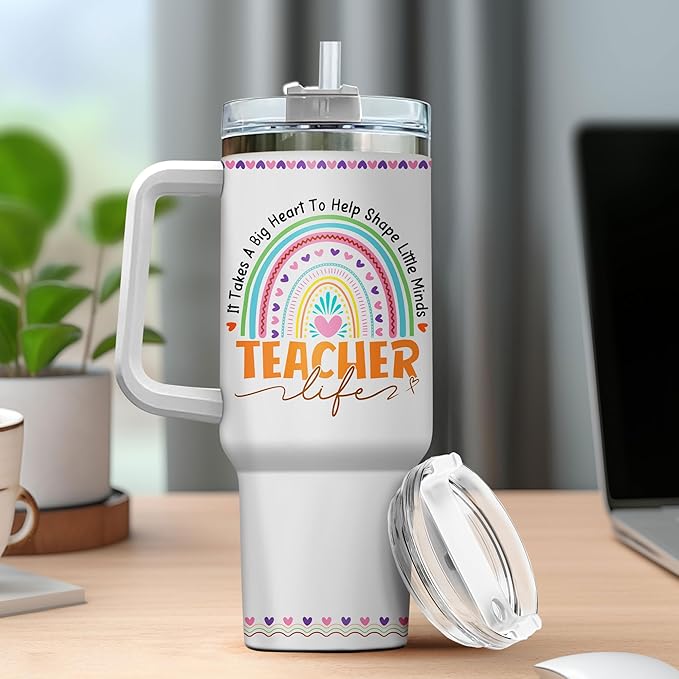 Tumblers Cups Coffee Water Life For Insulated Gift Women Handle Straws Heart, Teacher Gifts, Tumbler 40 Oz With Handle Lid And Straw, Teacher Rainbow Nutrition Facts