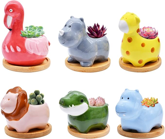 6 Pack Animal Ceramic Succulent Pots with Drainage – Mini Jungle Planters with Bamboo Trays for Indoor Plants & Cactus, Cute Flower Pots for Desk, Office, Home Decor, Gift for Kids & Plant Lovers