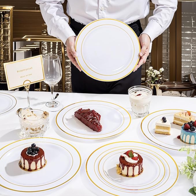 WDF 120 pieces Gold Disposable Plastic Plates - White and Gold Plates Include 10.25" Dinner Plate & 7.5" Salad Plate for Christmas/Weddings/Party