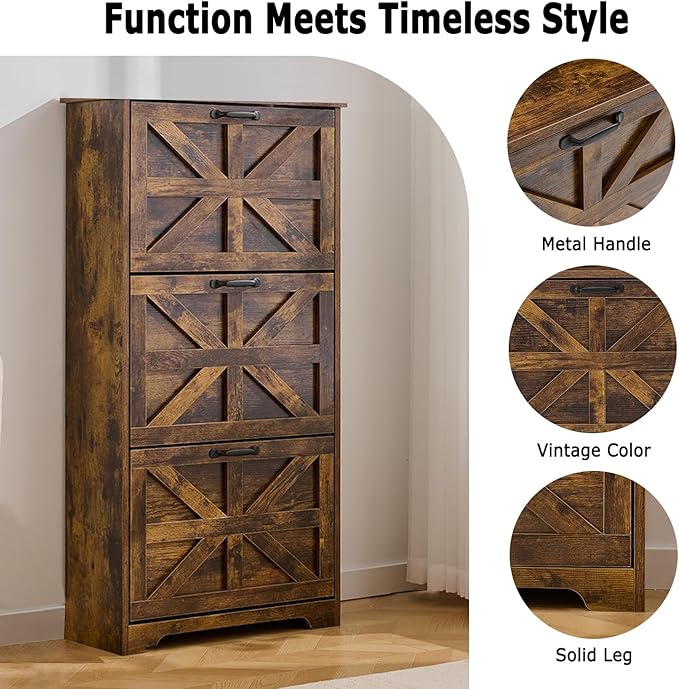 Shoe Storage Cabinet with Bench, Farmhouse Shoe Organizer with Barn Door Design, Space-Saving Hidden Narrow Shoe Rack Cabinet for Entryway, Hallway & Foyer, Brown