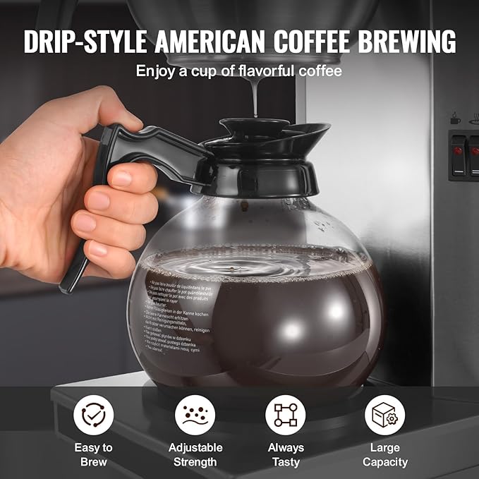 VEVOR Commercial Drip Coffee Maker, 12 Cups Coffee-Maker Machine with 2 Glass Carafes and 2 Decanter Warmer Plates, Stainless Steel Drip Style Coffee Brewer, for Restaurant, Office, Coffee Shop & Home