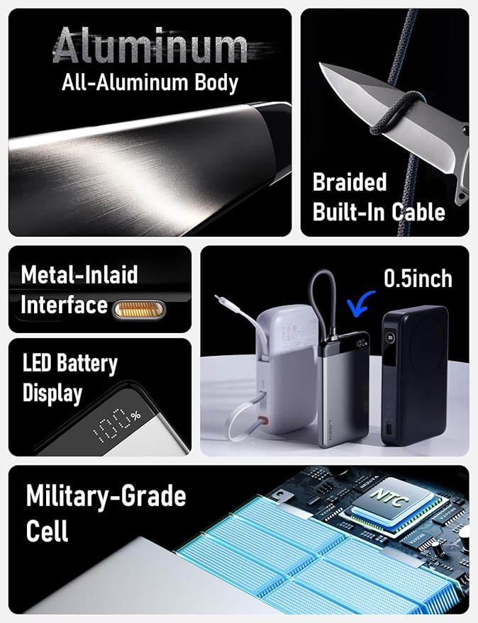LISEN 10000mAh USB C Portable Charger Power Bank with Built in Cable, CCC Certified Power Bank Fast Charging 22.5W, Portable Phone Charger USBC Portable Charger iPhone 17/16/15 Pro Max Samsung S25/S24