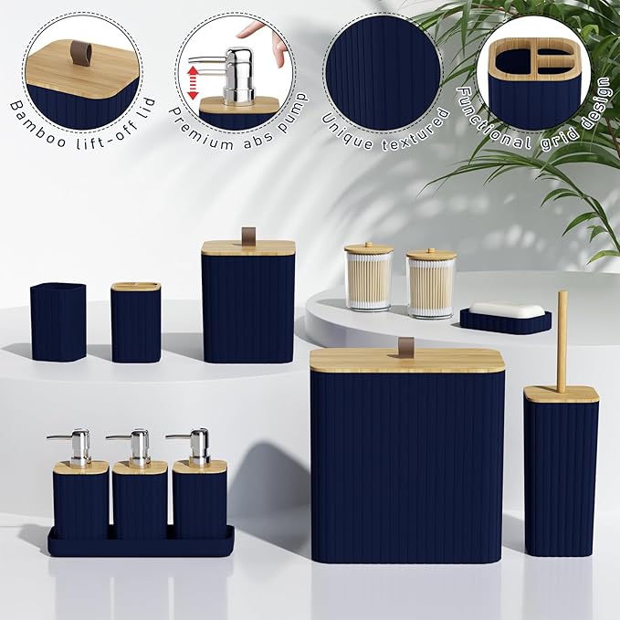Bathroom Accessory Set - Navy Blue Bathroom Set, 27PC Bathroom Accessories Set, Bathroom Sets with Shower Curtain and Rugs, Mini Trash Can, Toilet Brush, Trash Can & Soap Dispenser