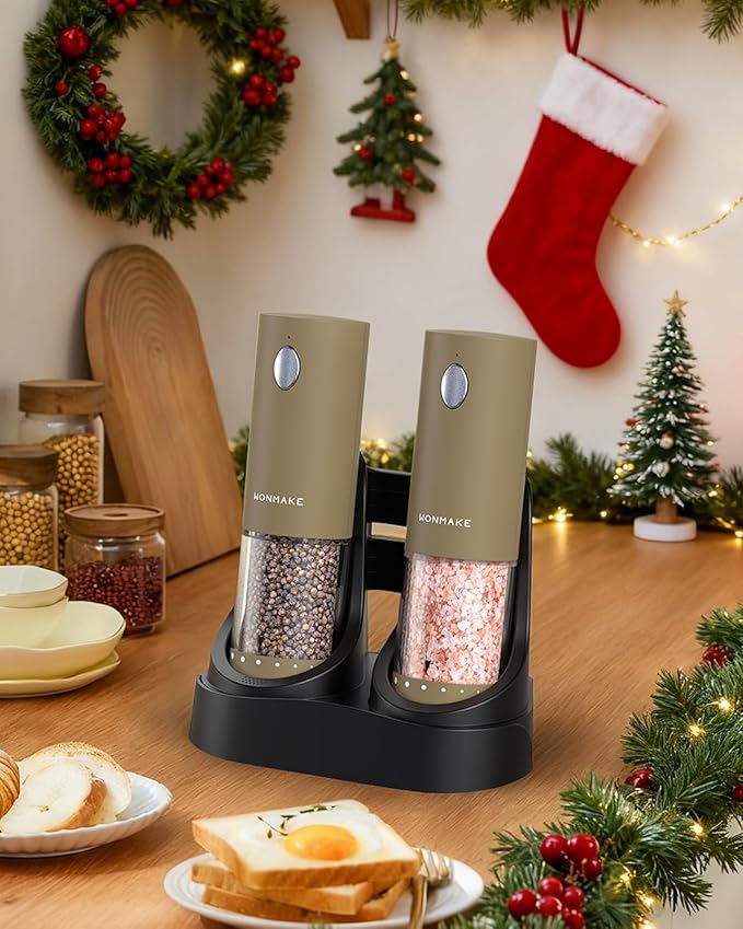 Electric Salt and Pepper Grinder Set - Automatic Refillable Salt and Pepper Grinders with Charging Base & LED Light, 6-Level Adjustable Coarseness with External Dial, Ideal Kitchen Gadget，Brown
