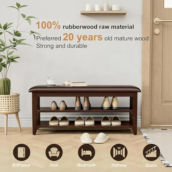 Shoe Bench Storage with Leather Cushion, Rustic Solid Wood Entryway Bench with 2 Height-Adjustable and Removable Shelves for Hallway, Living Room, Mudrooms (Dark Brown,47.2")