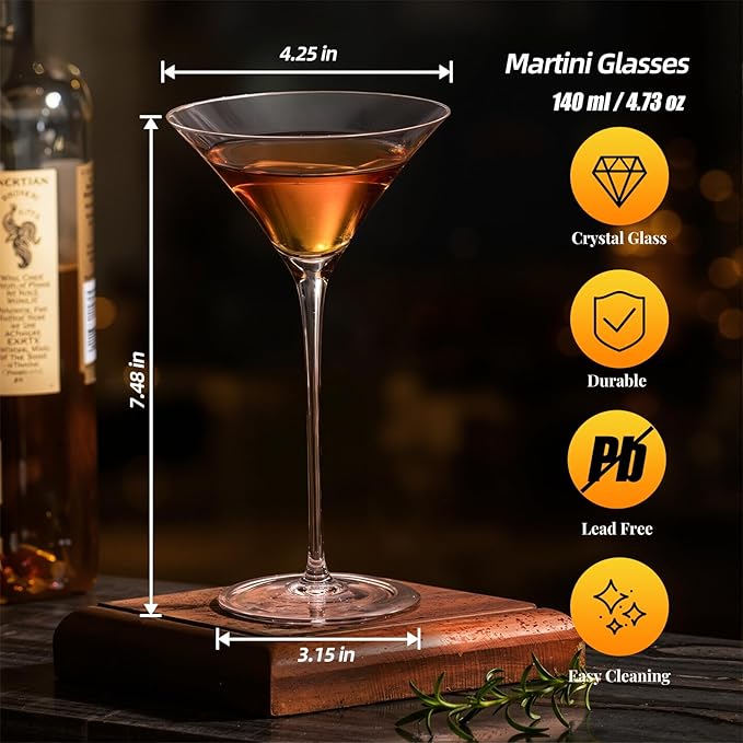 KAMMAK Martini Glasses Set of 2, 4.73 oz Clear Crystal Cocktail Glasses with Stem, Reusable Cocktail Glassware for Wedding Birthday Party, Bar, Margarita, Whiskey, Gin, Tequila, ZY1801