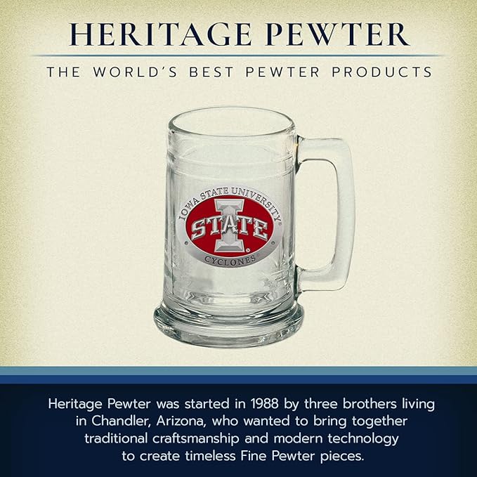 Heritage Pewter Iowa State Beer Stein Glass | 15 Ounce German-Style Beer Glass | Intricately Crafted Metal Pewter Alma Mater Inlay