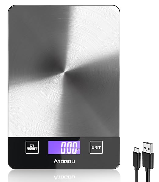 Atogou 1g/ 33lb Food Scale, Rechargeable Kitchen Scale with Full-View Backlit LCD Display, Stainless Steel Surface, Type-C Charging or AAA Batteries (not Included), for Baking, Cooking, Food Grey