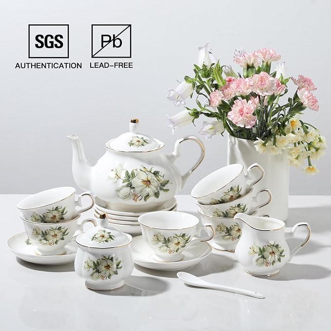 Sweejar Ceramic Teapot with Infuser, Floral Relief Gold Rimmed Teapot, 29 OZ Porcelain Tea Pot for Blooming and Loose Tea, Coffee...(Camellia)