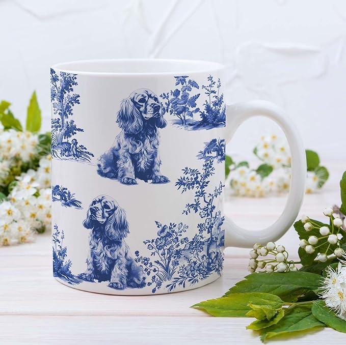Cocker Spaniel Blue French Toile Mug, Cocker Spaniels Lover Gifts for Women, Blue Chinoiserie Toile Coffee Cup, Dog Lovers Tea Coffee Mug Birthday Gifts for Dog Owners