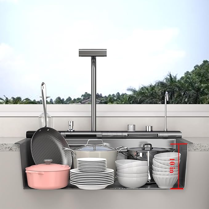 Double Waterfall Kitchen Sink 33 x 22 in 9 Gauge Stainless Steel Smart Kitchen Sink Digital Display Modern Sinks With Soap Dispenser Single Bowl Workstation Sinks