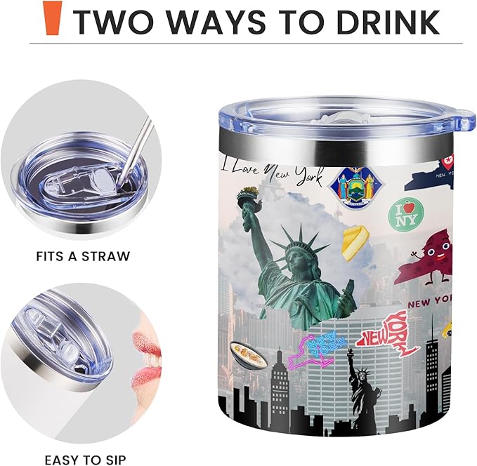 12oz Coffee Mug New York State Insulated Coffee Cups, United States Map Travel Mug Landmark, Birthday Gifts Cute Mugs with Lid and Straw Gifts for Mom