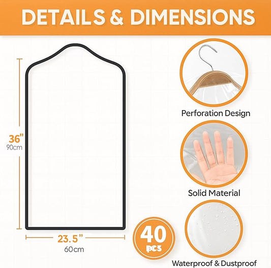 40 Pack Clear Plastic Garment Bags, 35.5" x 23.5" Clothes Covers for Hanging, Dry Cleaning Bags for Closet Storage, Dust-Proof Transparent Clothing Protectors for Long Dresses Skirt, Suits & Jackets