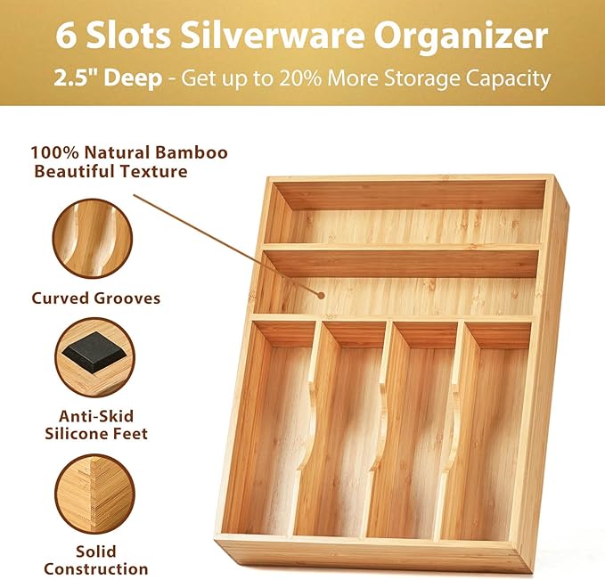 Umilife Kitchen Drawer Organizer, 12 Inch Silverware Utensil Tray Holder, Extra Deep, with Non-Slip Feet & Grooved Drawer Divider, 6 Slots Total Bamboo Wood Caddy for Flatware Cutlery Knives