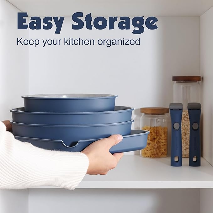 SENSARTE 17 Piece Ceramic Pots and Pans Set, Nonstick Detachable Handle Cookware, Induction Kitchen Cookware Set with Removable Handle, Dishwasher ＆ Oven Safe (Navy)