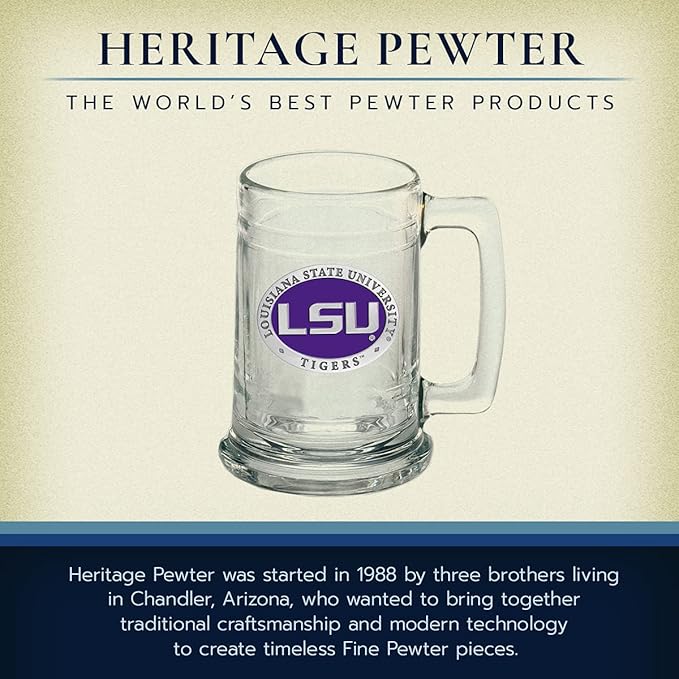 Heritage Pewter LSU Beer Stein Glass | 15 Ounce German-Style Beer Glass | Intricately Crafted Metal Pewter Alma Mater Inlay