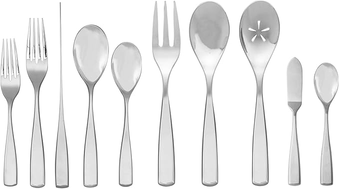 Nambé Anna Flatware Set by Lou Henry – 45-Piece, Stainless Steel Silverware for 8 with Serving Tools – Contemporary Tapered Handles & Flower Cutout Design, Easy to Maintain & Built for Everyday Use