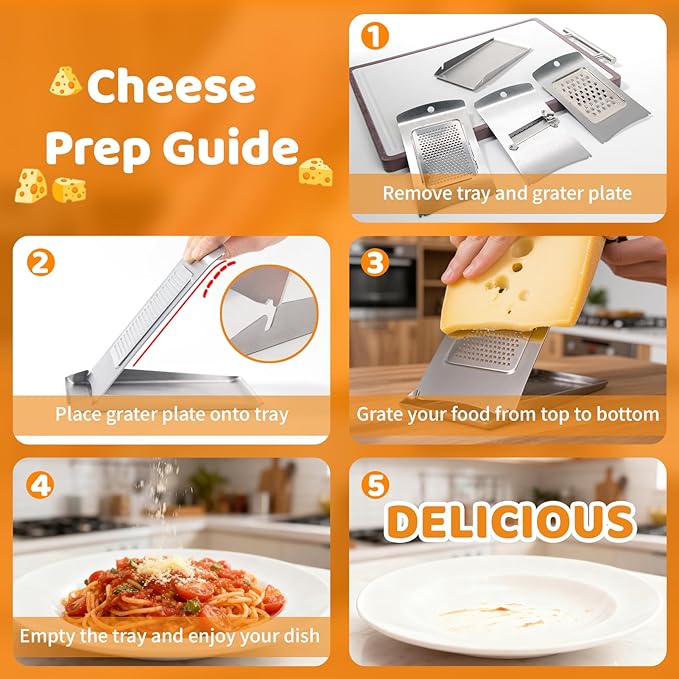 3-in-1 Handheld Cheese Grater Set for kitchen - Adjustable Slicer, Grater and Shredder with Tray - 430 Stainless Steel for Cheese, Butter, Vegetables, Chocolate, Dishwasher Safe