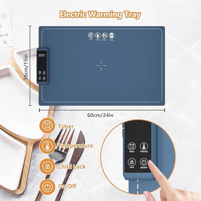 Warming Mat for Food Electric Food Warming Tray Large 24x16in Rapid Full-Surface Heating Portable & Rollable Versatile Food Warmer for Countertop Perfect for Gatherings Parties Everyday Use (Blue)