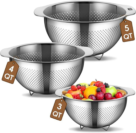 GOLDEN KEY Stainless Steel Colander for Kitchen, 3 Pcs Stainless Steel Strainer,Strainers and Colanders,Pasta Strainer with Handle for Vegetables Cooking Food,Dishwasher Safe(3QT,4QT,5QT)