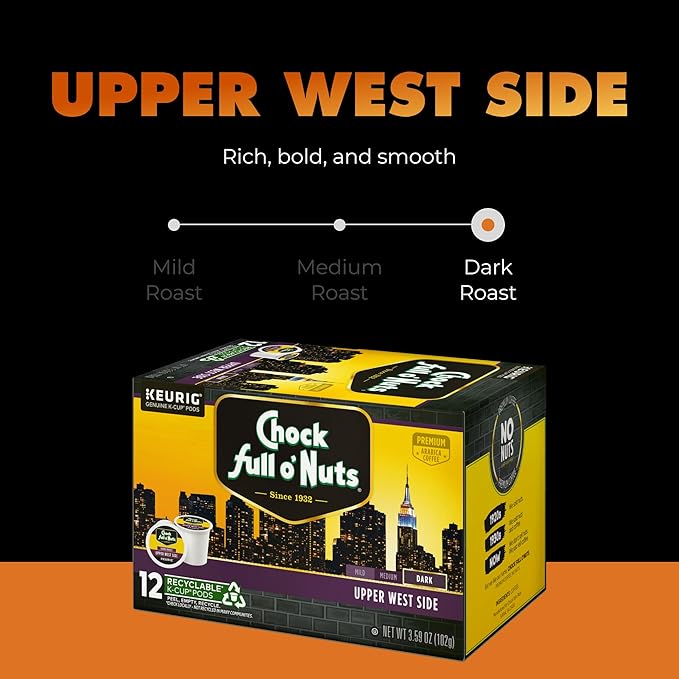 Chock Full o' Nuts Upper West Side Keurig K-Cup Pods for Keurig Brewers – Premium Arabica, Dark Roast – Single Serve – 1 Pack of 12 K-Cup Pods