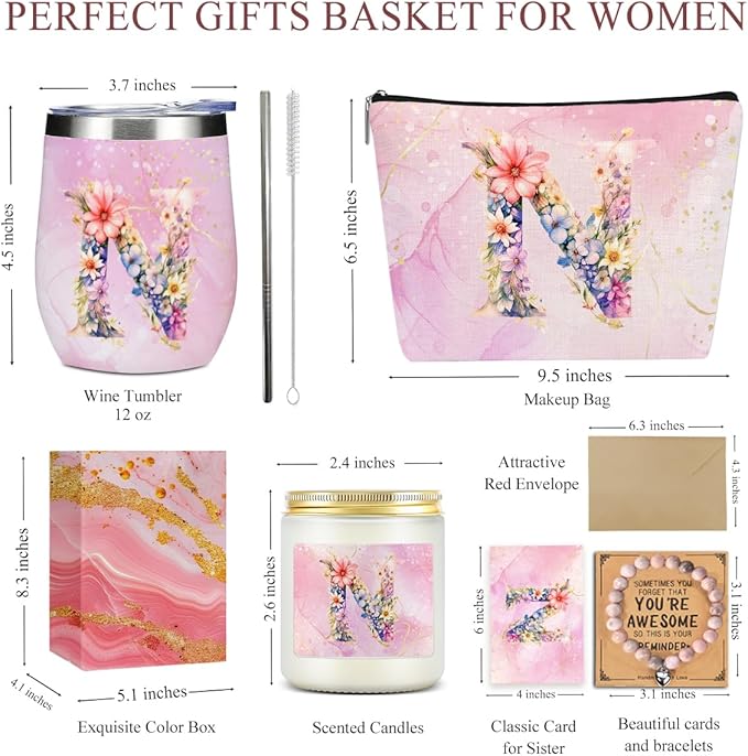 Personalized Gifts Monogrammed Birthday Gifts for Women, Colleague, Leader Mentor Female Farewell Christmas, Initial Wine Tumbler Makeup Bag Scented Candle Bracelet Set, (Aesthetic Pink Flower N)