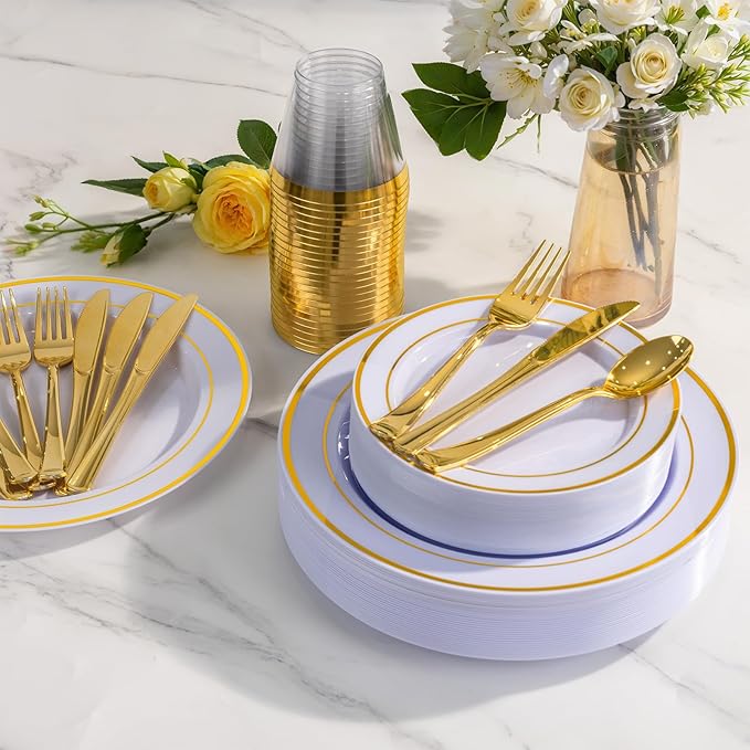 WELLIFE 600 PCS Gold Disposable Dinnerware Set for 100 Guests, Gold and White Plastic Plates for Party, 100 Each-Dinner & Salad Plates, Cups, Forks Knives Spoons for Christmas Wedding and Party