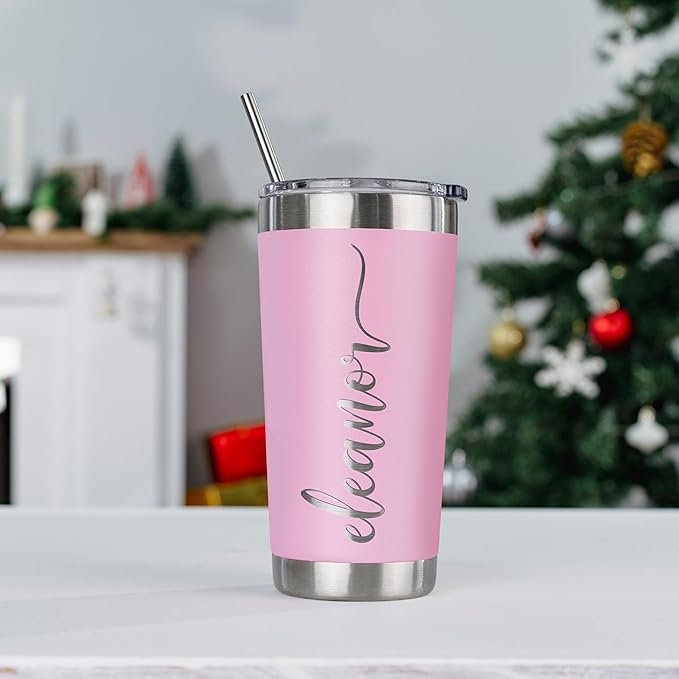 Personalized Tumblers, Stainless Steel 20 oz Tumbler w/Lid |13 Different Designs| Personalized Cups Double Walled Insulated Coffee Cup for Travel - Soft Pink