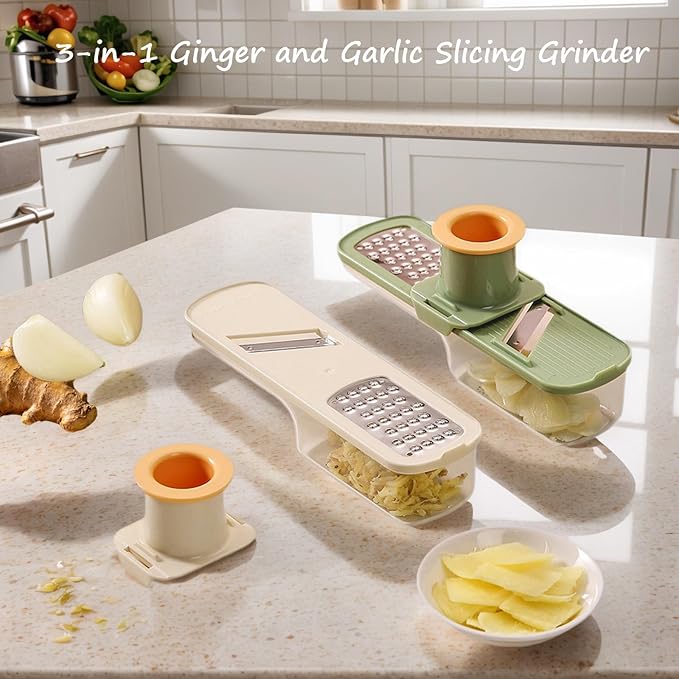 Multifunctional Garlic Grinder, 3 in 1 Mini Garlic Slicer Super Thin with Hand Guard, Vegetable Garlics Ginger Grind, Slice and Shred Mandoline Cutter with Container for Kitchen Tool (Green)