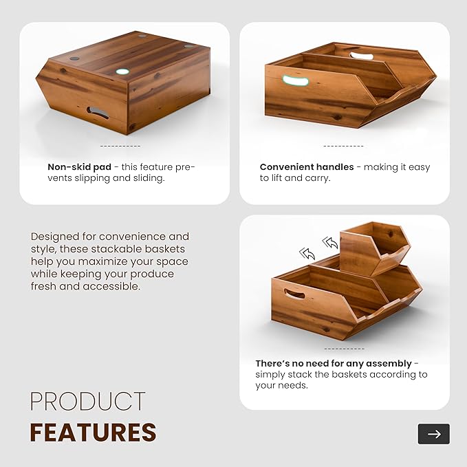 HOLANA Acacia Wood Potato and Onion Storage Bin, Potato Storage, Pantry Baskets, Vegetable Storage, Onion and Potato Storage Bins, Wooden Pantry Bins, Stackable Potato Bins (Patent Pending)