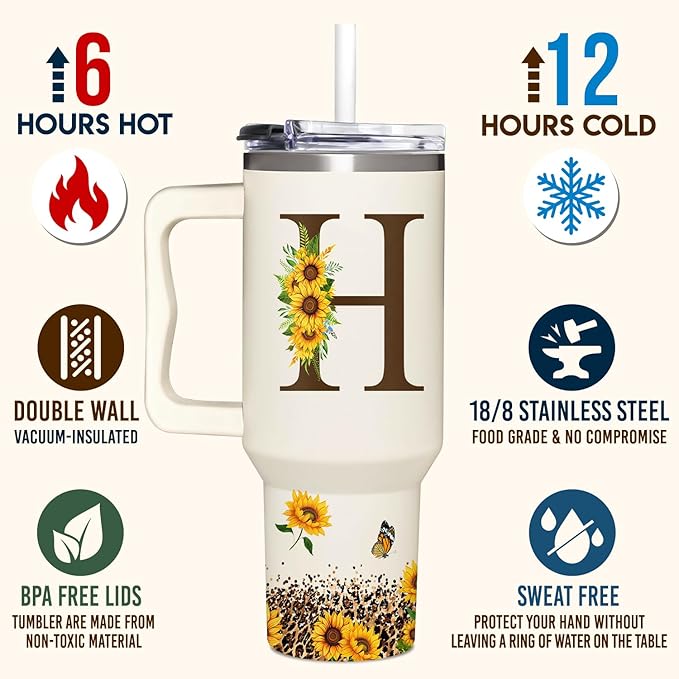 Personalized Birthday Gifts For Women - Sunflowers Monogrammed Cup For Boss Day, Christmas - Customized Gifts For Women, Mom, Wife, Coworkers, Boss Lady, Her - Custom Tumbler With Handle 40oz