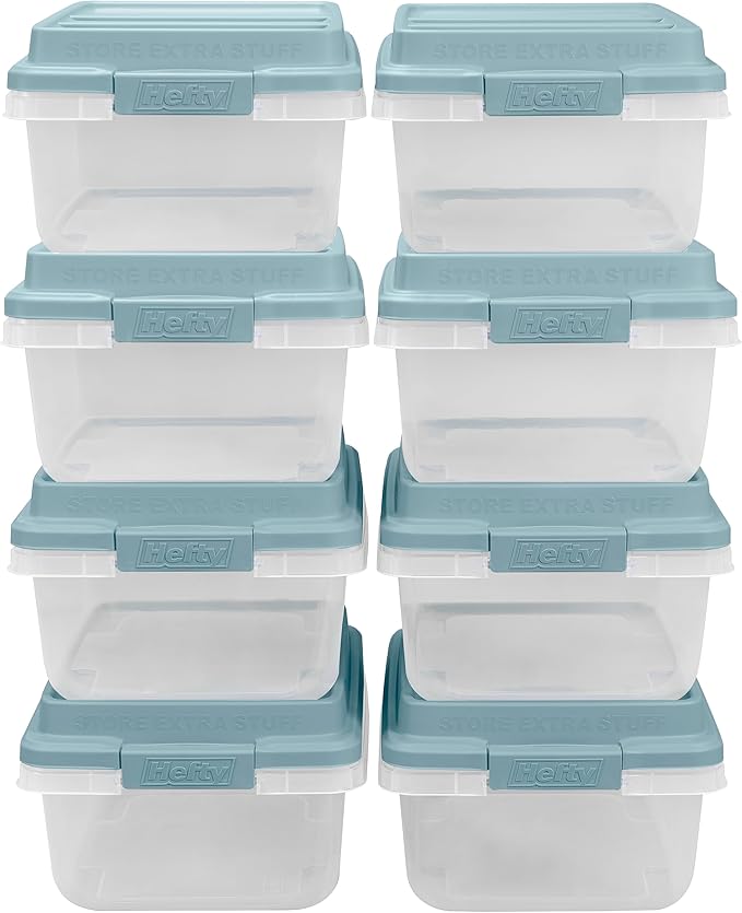Hefty HI-RISE 18 Qt Plastic Storage Bins with Lids, 8 Pack Clear Stackable Containers with Secure Latching Handles, Under Bed Storage Boxes for Clothes, Shoes, Toys, Closet Organization