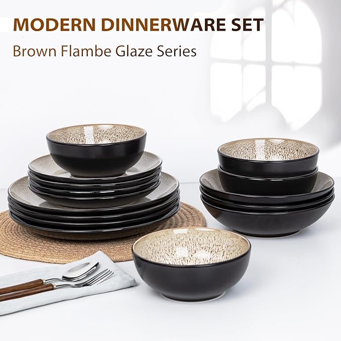 Plates and Bowls Sets for 6 - CJDC-QUELO 24-Piece Stoneware Dinnerware Sets, Ceramic Dishware Set for Indoor Kitchen Use and Formal Dining, Chip and Scratch Resistant Microwave Dishwasher Safe, Brown