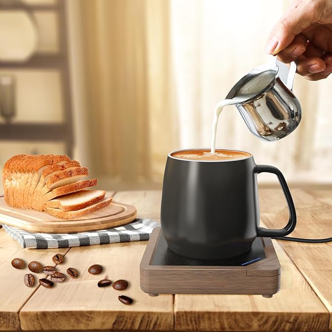 Coffee Mug Warmer Set: Coffee Warmer for Desk Auto Shut Off Candle Warmer Plate Coffee Cup Warmer Heated Coffee Mug for Coffee,Tea, Milk Up to 131°F/55°C, Wood Grain with Black Mug