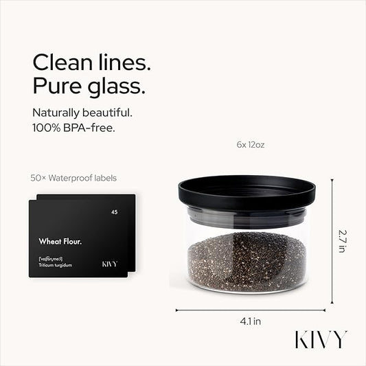 KIVY Glass spice jars transparent Glass Lid [6x 12oz] Stackable & Airtight small glass jars - Spice containers - Seasoning jars tea - Spice storage containers - Spice jars with black lids & labels