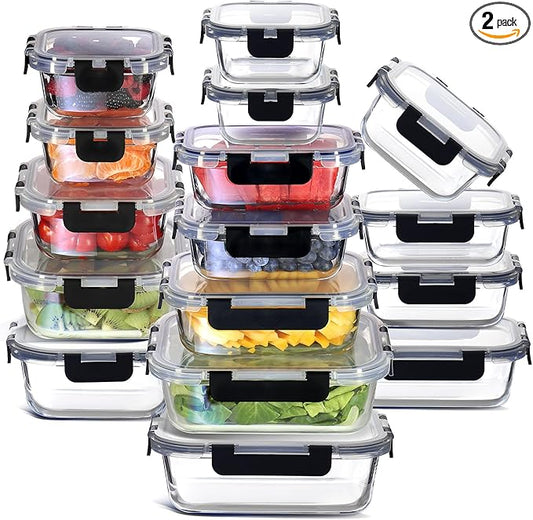 EATEX 32pc Glass Food Storage Containers with Lids, Airtight Glass Meal Prep Containers, 16 Reusable Food Storage Bins with 16 Leakproof Snap Lock Lids Oven Microwave Freezer Safe Lunch Containers