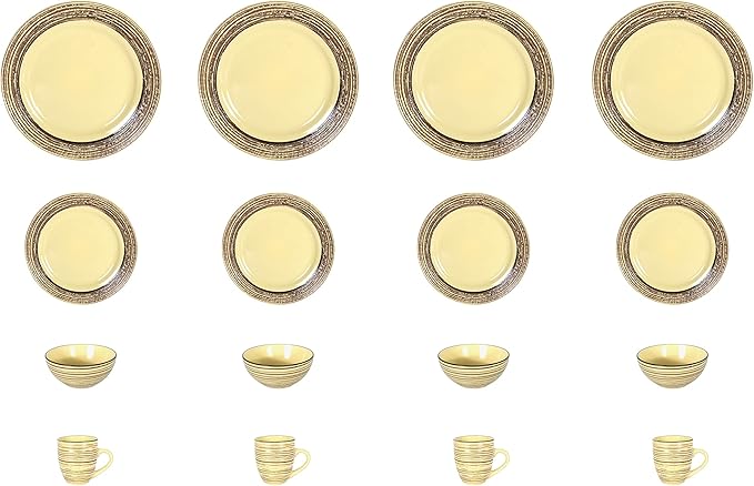 16 Piece Dinnerware Set, Ceramic Plates and Bowls Sets for 4, Microwave and Dishwasher Safe, Handcrafted Tree Bark Series Dish Set, Bamboo