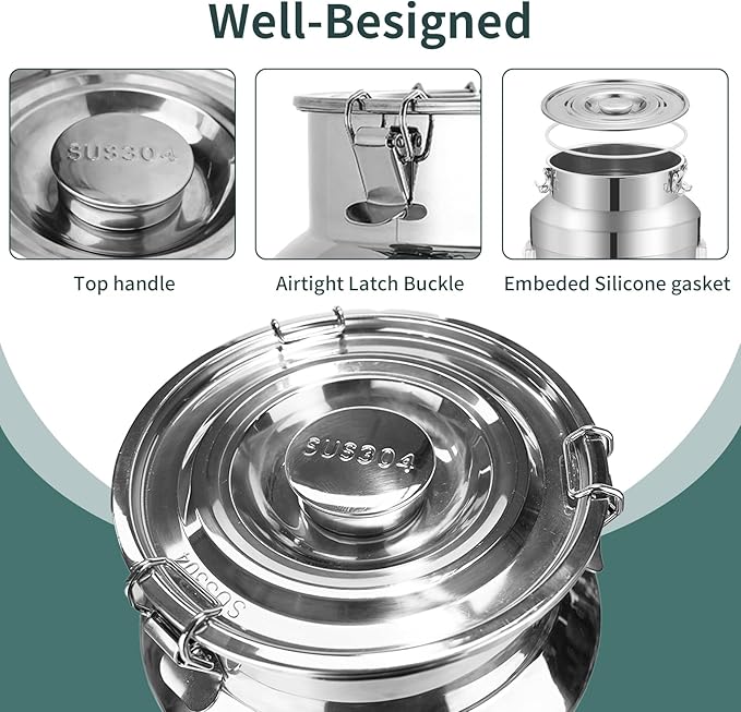 Stainless Steel Milk Can with Spigot,5 Gallon Stainless Steel Milk Bucket,20Liter Wine Pail with 2 Handles and Sealed Lid,Water jug Oil Liquid Storage Barrel,Airtight Food Storage Container